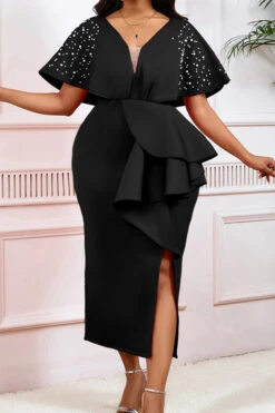 Beads Decor Ruffle Side Slit Evening Dress 19 Beads Decor Ruffle Side Slit Evening Dress -Acorpstyle XTY6753 BK 2