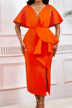 Beads Decor Ruffle Side Slit Evening Dress 16 Beads Decor Ruffle Side Slit Evening Dress -Acorpstyle XTY6753 OR 1