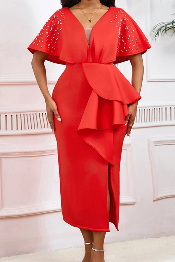 Beads Decor Ruffle Side Slit Evening Dress 5 Beads Decor Ruffle Side Slit Evening Dress - Image 5