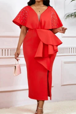 Beads Decor Ruffle Side Slit Evening Dress 15 Beads Decor Ruffle Side Slit Evening Dress -Acorpstyle XTY6753 RE 2