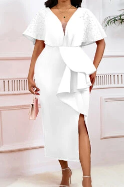 Beads Decor Ruffle Side Slit Evening Dress 12 Beads Decor Ruffle Side Slit Evening Dress -Acorpstyle XTY6753 WH 1