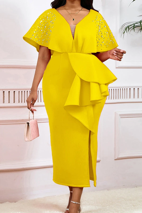 Beads Decor Ruffle Side Slit Evening Dress 2 Beads Decor Ruffle Side Slit Evening Dress - Image 2