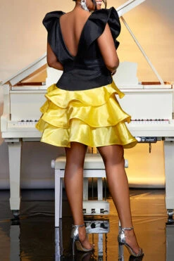 Two Tone V-Cut Back Layered Hem Party Dress 9 Two Tone V-Cut Back Layered Hem Party Dress -Acorpstyle XTY6760 YE 5