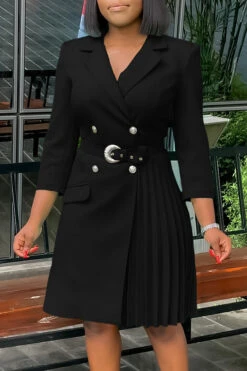Chic Lapel Pleated Blazer Dress With Belt 7 Chic Lapel Pleated Blazer Dress With Belt -Acorpstyle XTY6779 BK 1