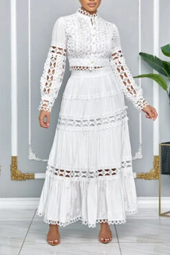Stunning Crochet Cut-out Crop Top & Maxi Skirt Set 7 Stunning Crochet Cut-out Crop Top & Maxi Skirt Set -Acorpstyle XTY6780 WH 4