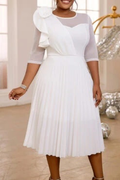 Classy Mesh Panel Flower Detail Pleated Dress 7 Classy Mesh Panel Flower Detail Pleated Dress -Acorpstyle XTY6813 WH 3