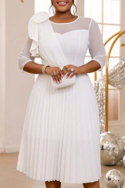 Classy Mesh Panel Flower Detail Pleated Dress 9 Classy Mesh Panel Flower Detail Pleated Dress -Acorpstyle XTY6813 WH 5