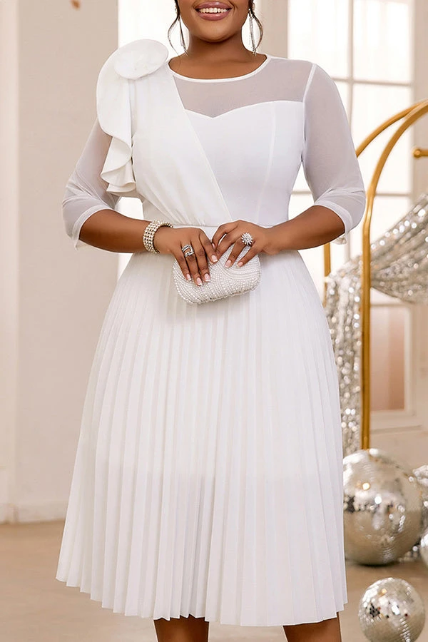 Classy Mesh Panel Flower Detail Pleated Dress 5 Classy Mesh Panel Flower Detail Pleated Dress - Image 5