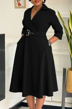 Surplice Neck 3/4 Sleeve Belted Dress 26 Surplice Neck 3/4 Sleeve Belted Dress -Acorpstyle XTY6814 BK 1