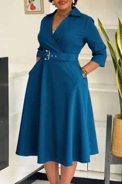 Surplice Neck 3/4 Sleeve Belted Dress 18 Surplice Neck 3/4 Sleeve Belted Dress -Acorpstyle XTY6814 GR 1
