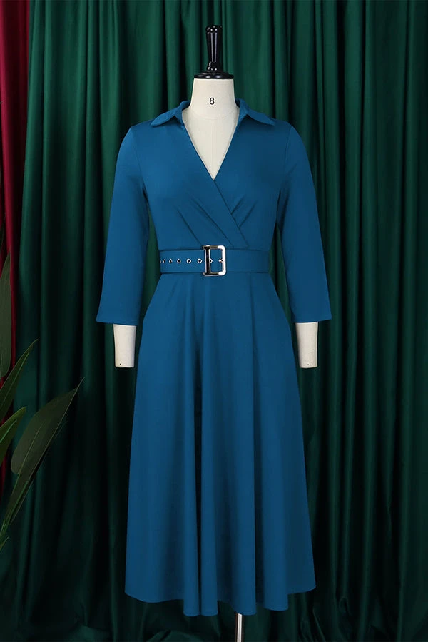 Surplice Neck 3/4 Sleeve Belted Dress 6 Surplice Neck 3/4 Sleeve Belted Dress - Image 6