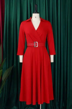 Surplice Neck 3/4 Sleeve Belted Dress 17 Surplice Neck 3/4 Sleeve Belted Dress -Acorpstyle XTY6814 RE 4