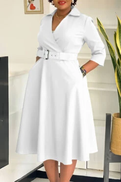 Surplice Neck 3/4 Sleeve Belted Dress 22 Surplice Neck 3/4 Sleeve Belted Dress -Acorpstyle XTY6814 WH 2