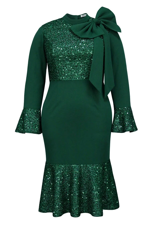 Party Sequin Bow Decor Bell Sleeve Fishtail Dress 2 Party Sequin Bow Decor Bell Sleeve Fishtail Dress - Image 2
