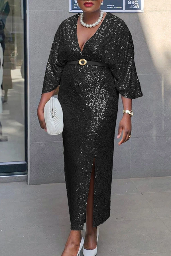 Chic V-Neck Split Hem Sequin Dress 3 Chic V-Neck Split Hem Sequin Dress - Image 3