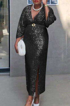 Chic V-Neck Split Hem Sequin Dress 9 Chic V-Neck Split Hem Sequin Dress -Acorpstyle XTY6886 BK 2