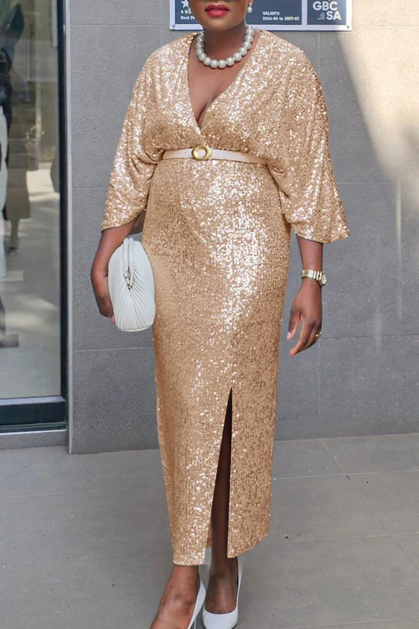 Chic V-Neck Split Hem Sequin Dress 1 Chic V-Neck Split Hem Sequin Dress