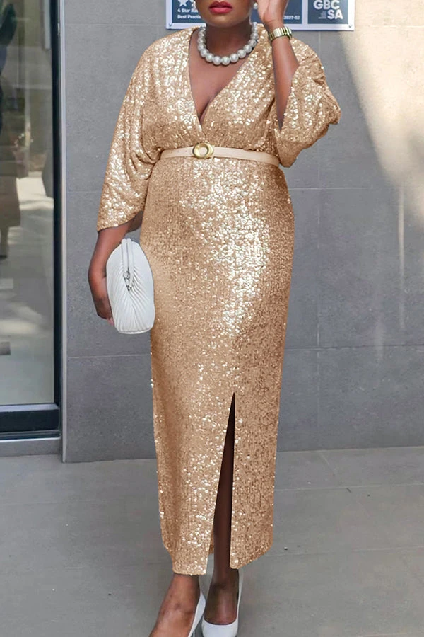Chic V-Neck Split Hem Sequin Dress 2 Chic V-Neck Split Hem Sequin Dress - Image 2