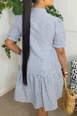 Striped Puff Sleeve Ruffle Mini Dress 8 Striped Puff Sleeve Ruffle Mini Dress -Acorpstyle XTYY452 BL 2