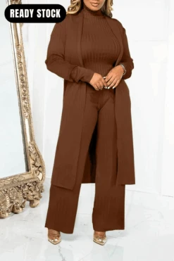Mock Neck Rib-knit Cardigan 3pcs Set