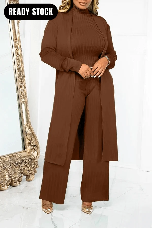 Mock Neck Rib-knit Cardigan 3pcs Set 1 Mock Neck Rib-knit Cardigan 3pcs Set